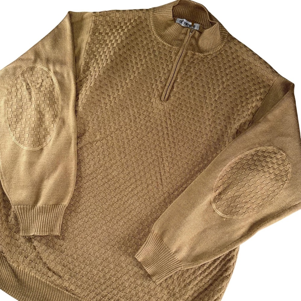 Stacy Adams Sweater Mens‎ XL Brown 1/4 Zip Mock Neck Geometric Knit Elbow Patch